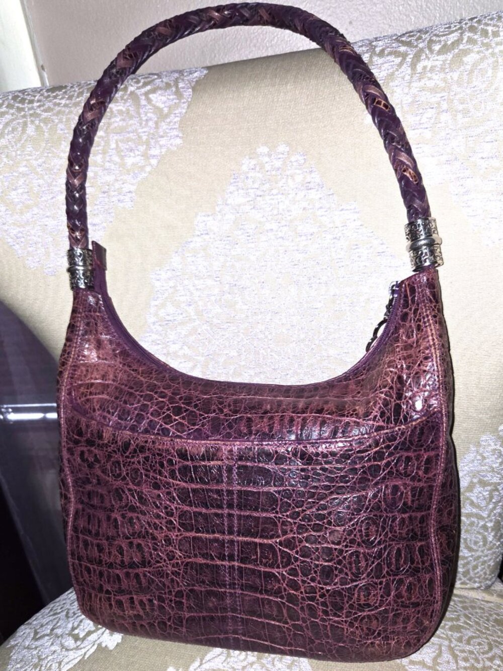 Vintage Brighton Croc-Embossed Leather Shoulder Hobo Bag - Plum Purple - EUC